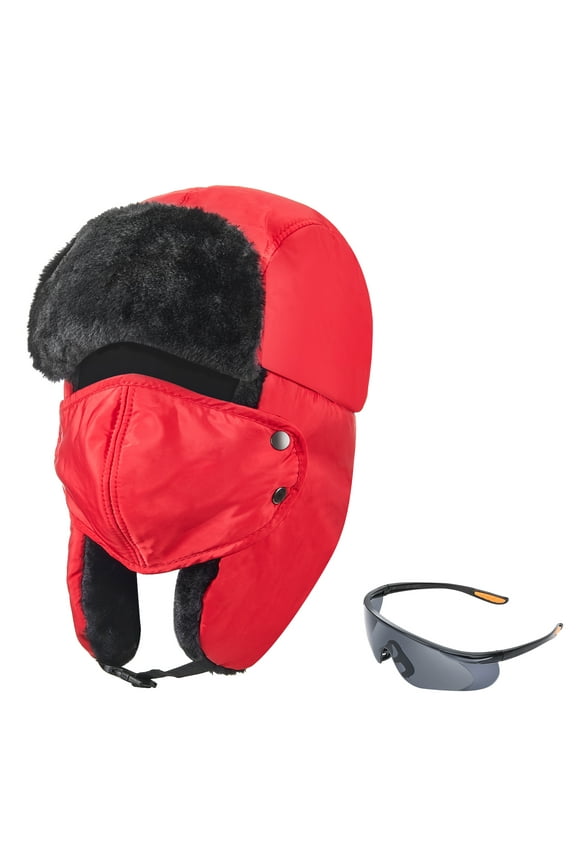 Trapper Hat for Women, Winter Hat Trooper Russian Warm Hat with Ear Flaps Windproof Mask, Red