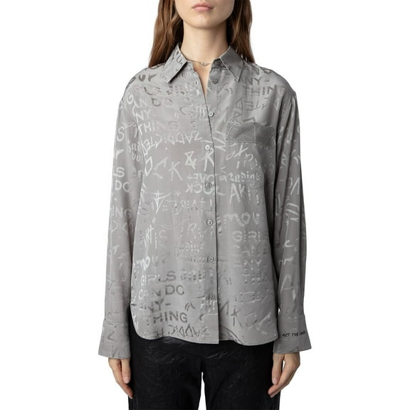Zadig & Voltaire womens  Morning Jac Manifesto Silk Shirt, XS/S, Grey