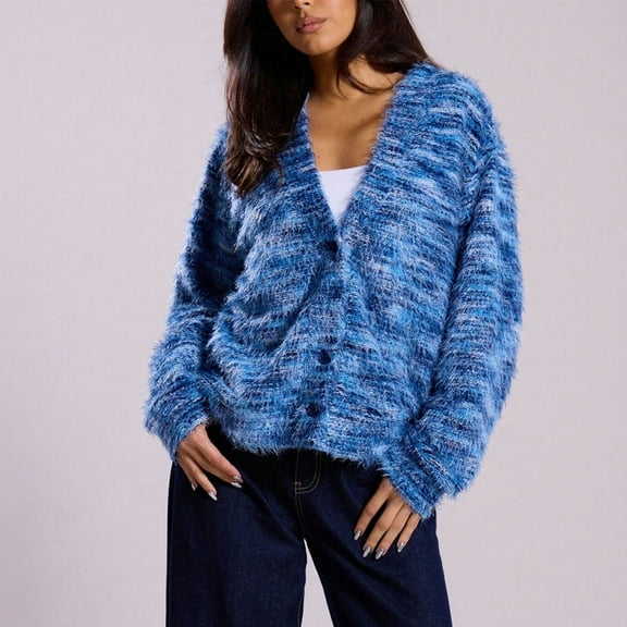 Zedker Cardigan Sweaters for Women 2025 Long Sleeve Button Down Fall Knit Lightweight Sweater, Plus Size Blue XL