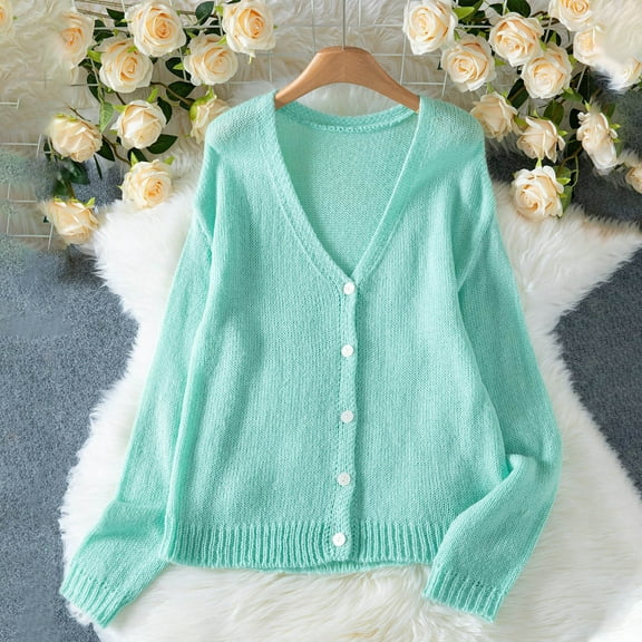 Zedker Cardigans Sweaters for Women Button Down Crew Neck Long Sleeve Soft Knit Sweaters, Plus Size Light Blue L