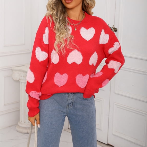Zedker Heart Sweater for Women Valentines Cute Print Crewneck Long Sleeve Knit Pullover Tops, Plus Size Red S