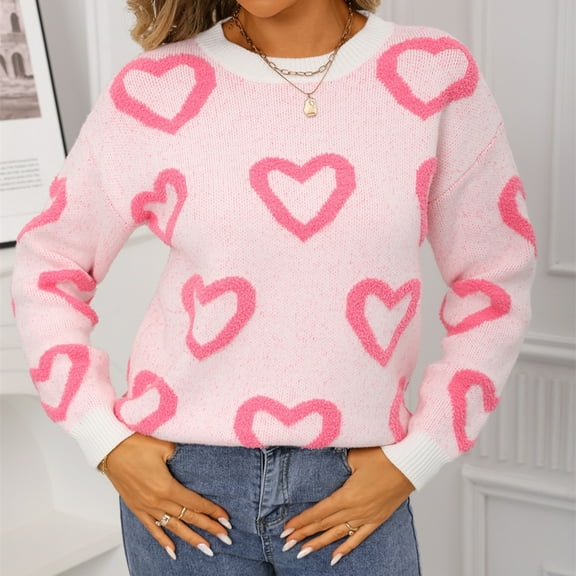 Zedker Heart Sweater for Women Valentines Cute Print Crewneck Long Sleeve Knit Pullover Tops, Plus Size White XL