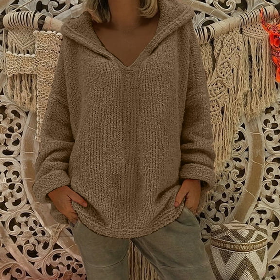 Zedker Hooded Sweaters for Women Long Sleeve Button Down Knit Sweater Coat Outwear, Plus Size Brown L