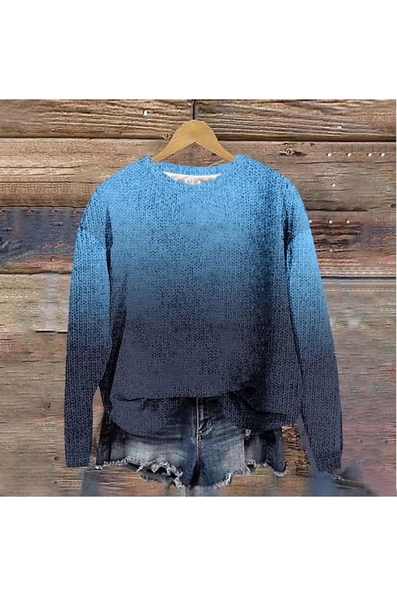 Oversized Sweaters for Women Gradient Color Long-Sleeve Knitted Pullover Sweaters,Plus Size Blue L
