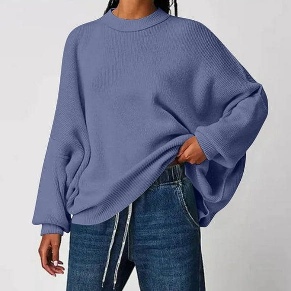 Zedker Oversized Sweaters for Women Winter Crewneck Pullover Knit Long Sleeve Loose Fit Clothes, Plus Size Light Blue XL