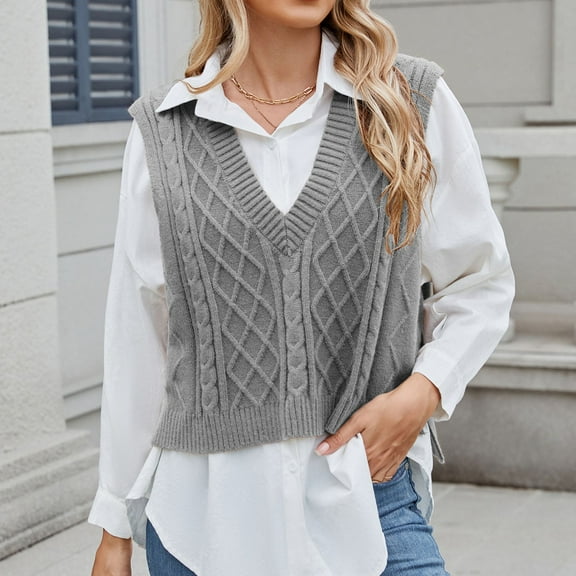 Zedker Sweater Vest for Women V Neck Sleeveless Knit Solid Lightweight Pullover Tops,Plus Size Gray S
