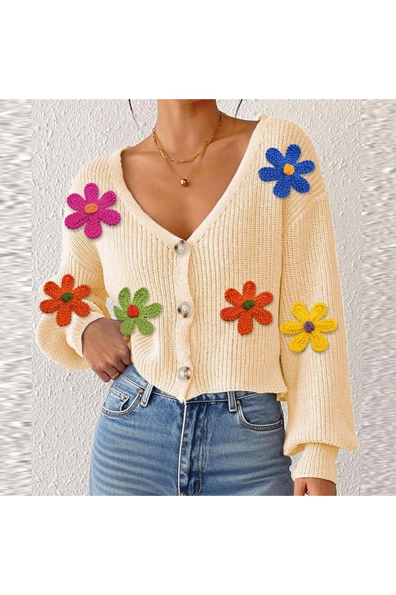 Cardigans for Women Button Up Open Front Cadigan Sweaters Floral Print Cute Short Knitted Cardigan Casual Winter Coats,Plus Beige L