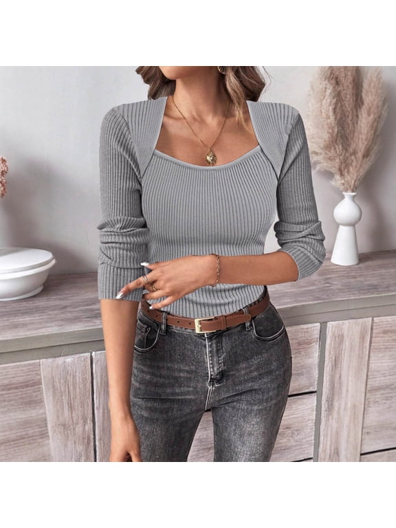 Tops for Women Square Long Sleeve Crop Neck Slim Fitted Casual Fashion Top,Plus Size Gray M