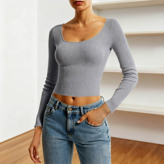 Zedker Tops for Women Square Long Sleeve Crop Neck Slim Fitted Casual Fashion Top,Plus Size Gray M
