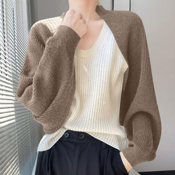 Zedker Women's Open Front Cropped Cardigan Batwing Long Sleeve Ribbed Knit Bolero Shrugs Casual Soft Lightweight Sweaters,Plus Brown L