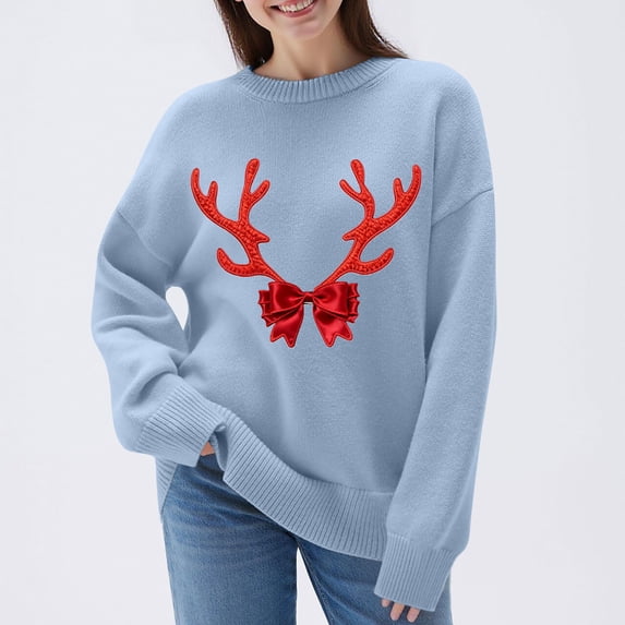 Zedker Women Christmas Sweater Xmas Reindeer Knit Pullover Long Sleeve Holiday Party Winter Warm Casual Tops 2025,Plus Blue XXL