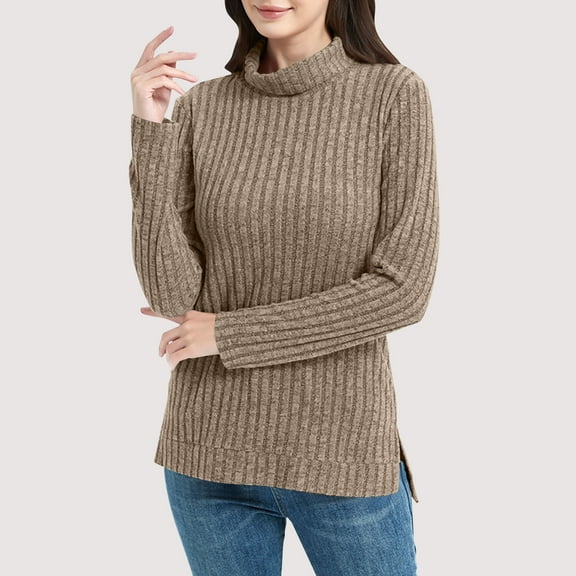 Zedker Women Pullover Sweater Long Sleeve CrewNeck Knitted Sweaters for Women Turtleneck Tops, Plus Size Khaki XXL