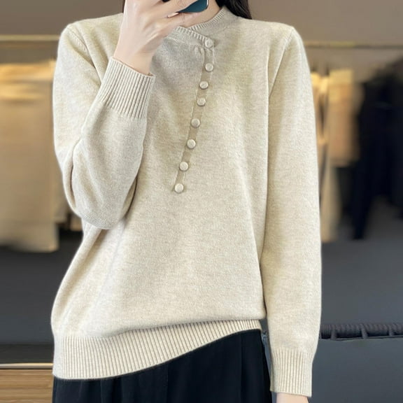 Zedker Women's Button Knit Sweater Long Sleeve Casual Slim Lightweight Knitwear Pullover,Plus Size Beige XXL