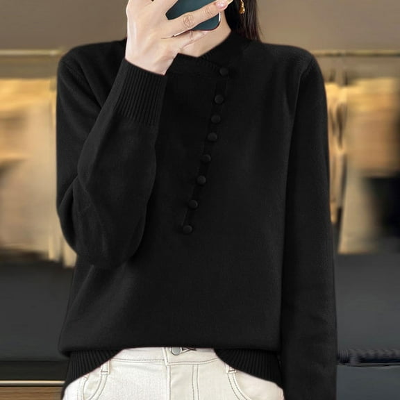 Zedker Women's Button Knit Sweater Long Sleeve Casual Slim Lightweight Knitwear Pullover,Plus Size Black L
