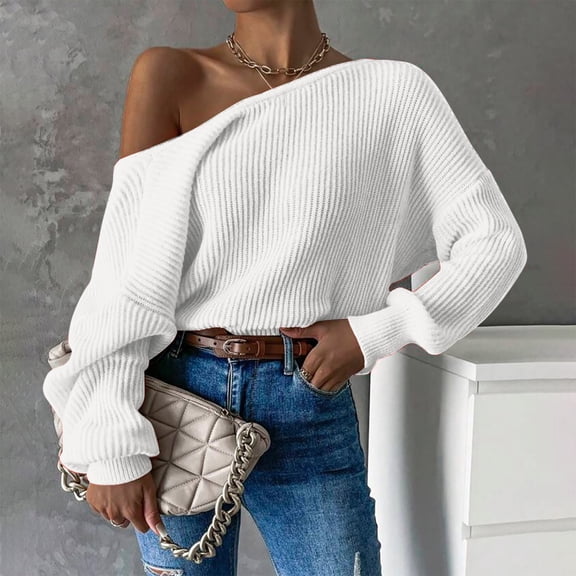 Zedker Womens Fall Casual Long Sleeve Tops Loose Crew Neck Drop Shoulder Knit Going Out Pullover Sweaters Lightweight Ladies Trendy Winter Sweaters for Women 2025,Plus White M