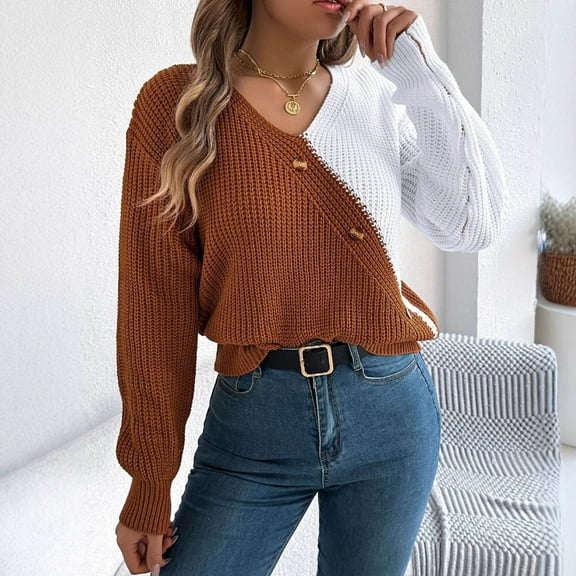 Zedker Women's Color Block Sweaters Long Sleeve Crew Neck Casual Loose Knitted Sweaters,Plus Size Brown M