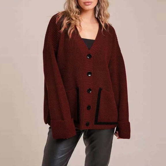 Zedker Knit Cardigan for Women Long Sleeve Open Front Cardigan Button Sweaters for Fall Office Wear with Pockets,Plus Red XL
