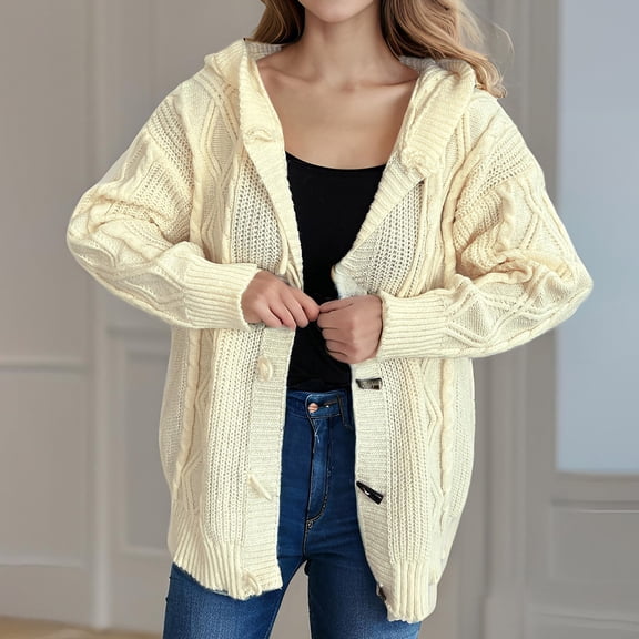 Zedker Women's Hooded Cardigans Sweaters Oversized Chunky Cable Knit Button Down Outerwears,Plus Size White S