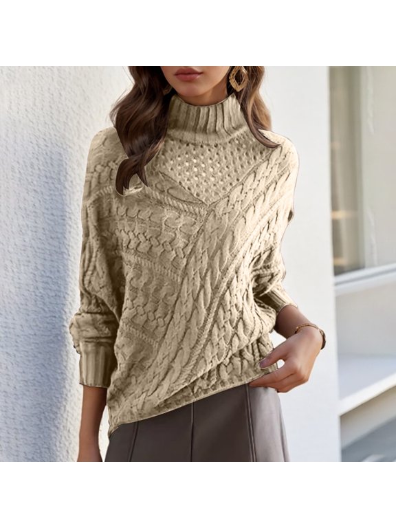 Women's Turtleneck Oversized Sweaters Long Sleeve Pullover Loose Chunky Knit Tops, Plus Size Khaki S