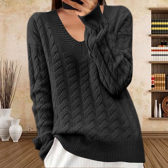 Zedker Women's V Neck Long Sleeve Pullover Sweater Lightweight Knit Novelty Sweaters,Plus Size Black S