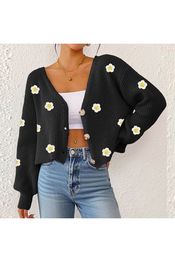 Cardigans for Women Button Up Open Front Cadigan Sweaters Floral Print Cute Short Knitted Cardigan Casual Winter Coats,Plus Black M
