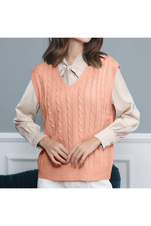 Women's Vintage Loose V Neck Sleeveless Cable Knit Style Pullover Sweater Vests,Plus Size Pink S