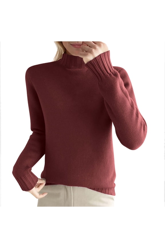 Women's Wool Half Turtleneck Sweater Crewneck Long Sleeve Travel Hiking Tops,Plus Size Red M