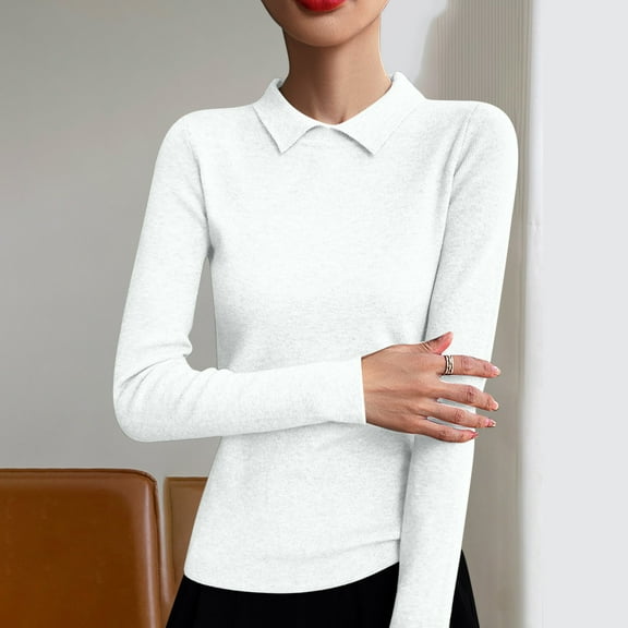 Zedker Women's Wool Sweaters,Long Sleeve Polo Shirts,V Neck Knitted Fall Winter Tops,Plus Size White L