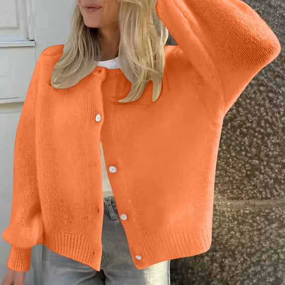 Zedker Women's and Women's Plus Cardigan Knit Sweater Cozy Yarn Welt Pocket Tops, Plus Size Orange XL