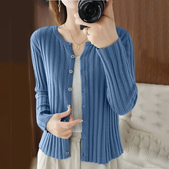 Zedker Womens 2025 Fashion Wool Puff Sleeve Button Cable Knit Cardigan Sweaters,Plus Size Blue S