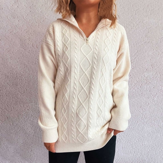 Zedker Womens Cable Knit Half Zip Sweater V Neck Collared Fall Trendy Long Sleeve Tops,Plus Size White L