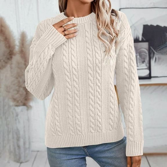Zedker Sweaters for Women Chunky Cable Knit Sweater Long Sleeve Crewneck Loose Fit Fall Lightweight Women Sweaters Pullover Top for Fall Winter,Plus White L