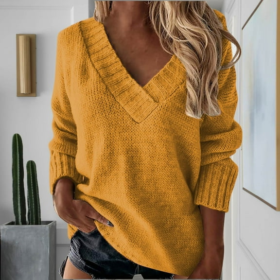 Zedker Womens Loose Sweaters V Neck Long Sleeve Solid Knitted Pullover Sweatshirt Tops,Plus Size Yellow M
