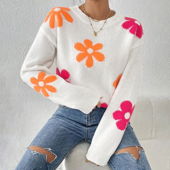 Zedker Womens Oversized Cute Flower Sweater Trendy Crewneck Long Sleeve Pullover Tops,Plus Size Hot Pink M