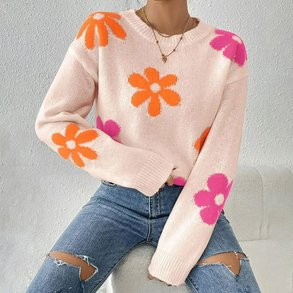 Zedker Womens Oversized Cute Flower Sweater Trendy Crewneck Long Sleeve Pullover Tops,Plus Size Orange S