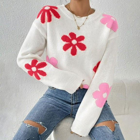 Zedker Womens Oversized Cute Flower Sweater Trendy Crewneck Long Sleeve Pullover Tops,Plus Size White L