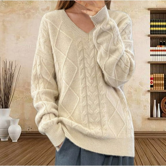 Zedker Womens Oversized Pullover Sweaters Chunky Cable Knit Sweater Crewneck Trendy Tops,Plus Size Beige L