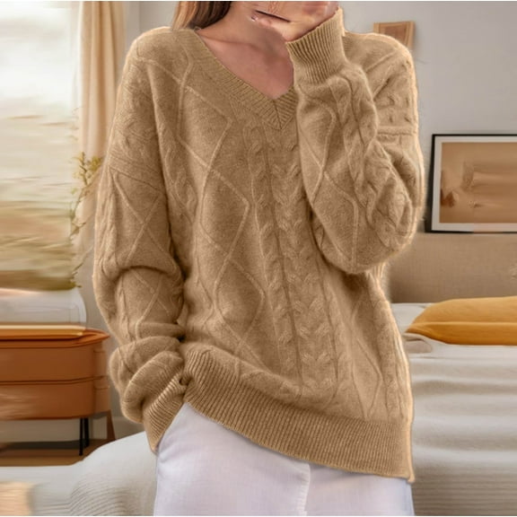 Zedker Womens Oversized Pullover Sweaters Chunky Cable Knit Sweater Crewneck Trendy Tops,Plus Size Gold M