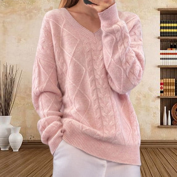 Zedker Womens Oversized Pullover Sweaters Chunky Cable Knit Sweater Crewneck Trendy Tops,Plus Size Pink M