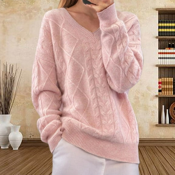 Zedker Womens Oversized Pullover Sweaters Chunky Cable Knit Sweater Crewneck Trendy Tops,Plus Size Pink XL