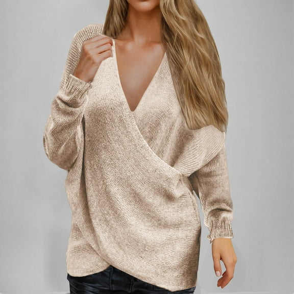 Zedker Womens Oversized Sweaters Fall Casual Long Sleeve V-Neck Solid Color Loose Pullover,Plus Size Beige M