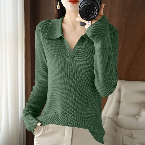 Zedker Womens Polo V Neck Sweaters Lightweight Long Sleeve Casual Business Fall Outfits, Plus Size Army Green L