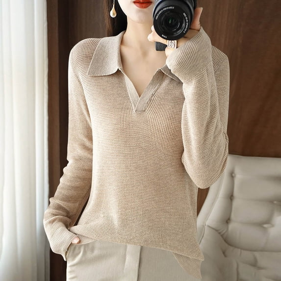 Zedker Womens Polo V Neck Sweaters Lightweight Long Sleeve Casual Business Fall Outfits, Plus Size Khaki XXL