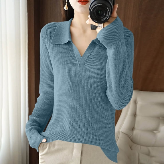 Zedker Womens Polo V Neck Sweaters Lightweight Long Sleeve Casual Business Fall Outfits, Plus Size Light Blue M