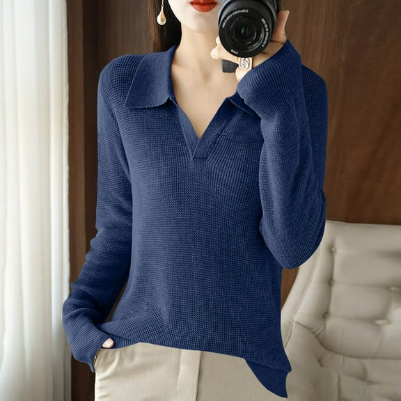 Zedker Womens Polo V Neck Sweaters Lightweight Long Sleeve Casual Business Fall Outfits, Plus Size Navy XL