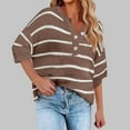 thumbnail image 1 of Zedker Womens Striped Sweaters Soft Lightweight Long Sleeve V Neck Button Front Knit Tops,Plus Size Brown S, 1 of 6
