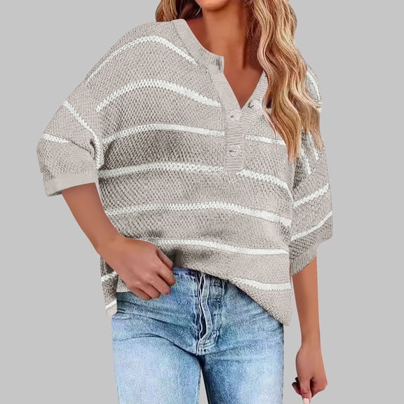 Zedker Womens Striped Sweaters Soft Lightweight Long Sleeve V Neck Button Front Knit Tops,Plus Size Gray M