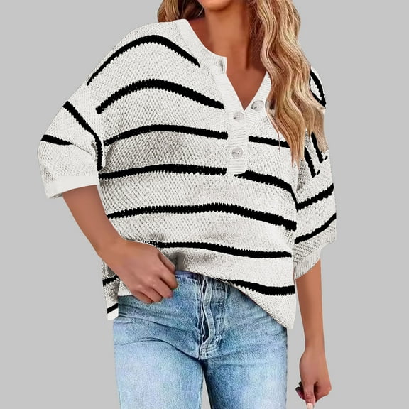 Zedker Womens Striped Sweaters Soft Lightweight Long Sleeve V Neck Button Front Knit Tops,Plus Size White S
