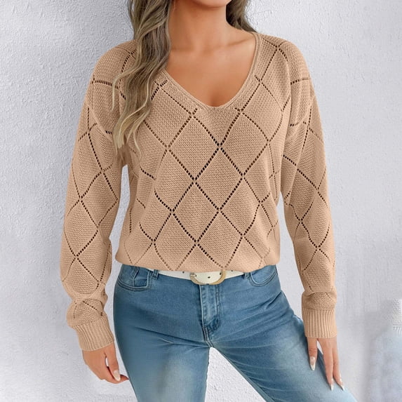 Zedker Womens Sweaters Fall 2025 Checkered Long Sleeve V Neck Knit Pullover Sweater Tops,Plus Size Khaki XL