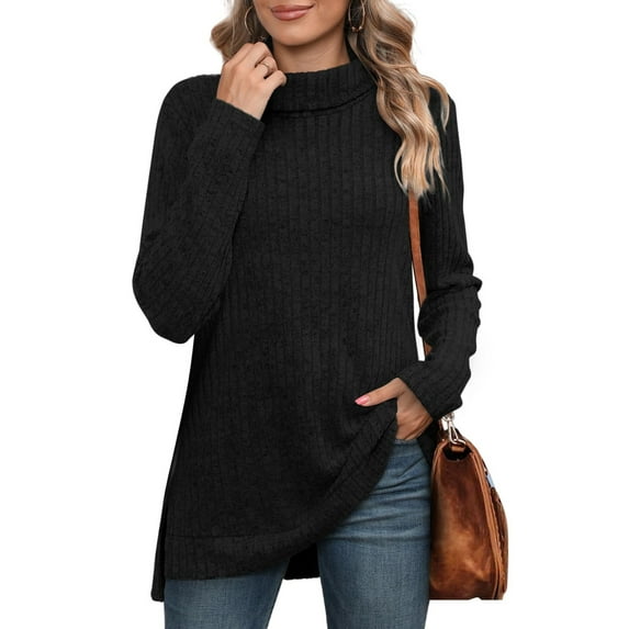 Zedker Womens Tunic Tops Turtleneck Long Sleeve Shirts Oversized Fall Winter Sweaters,Plus Size Black L